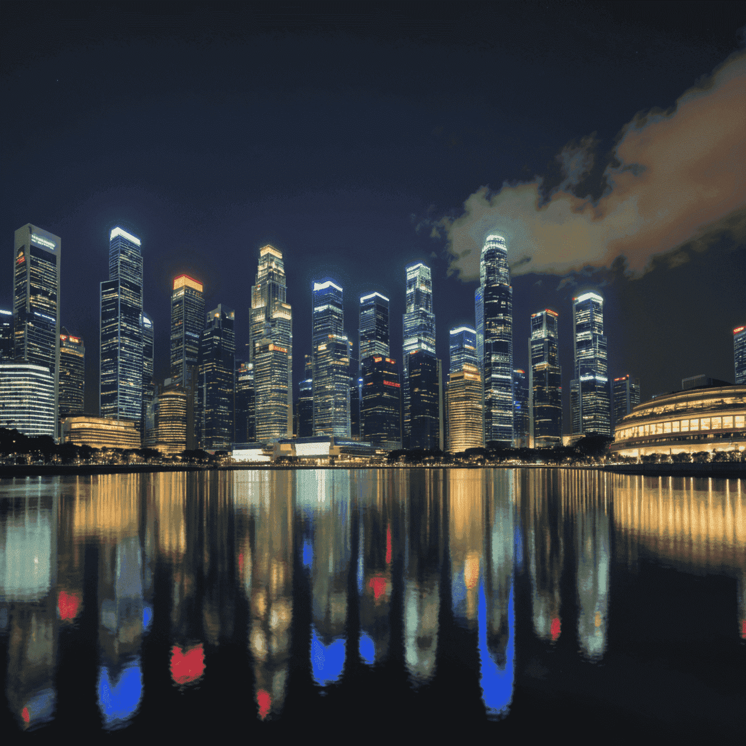 Singapore skyline at night, showcasing the vibrant financial district with illuminated skyscrapers reflected in the water. The image captures the essence of Singapore's thriving economy and investment potential.