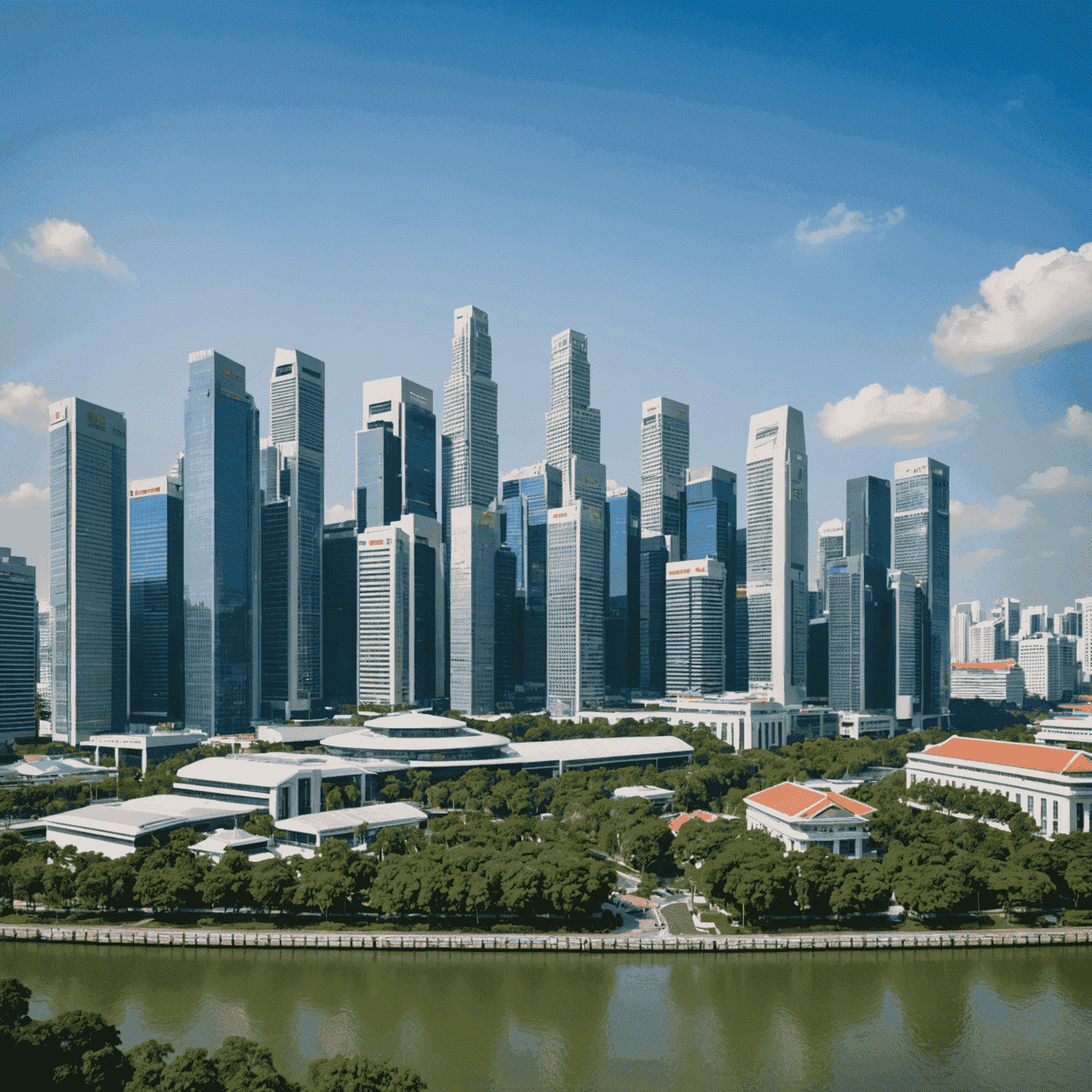 Singapore skyline with prominent REIT-owned properties, showcasing modern skyscrapers and iconic buildings