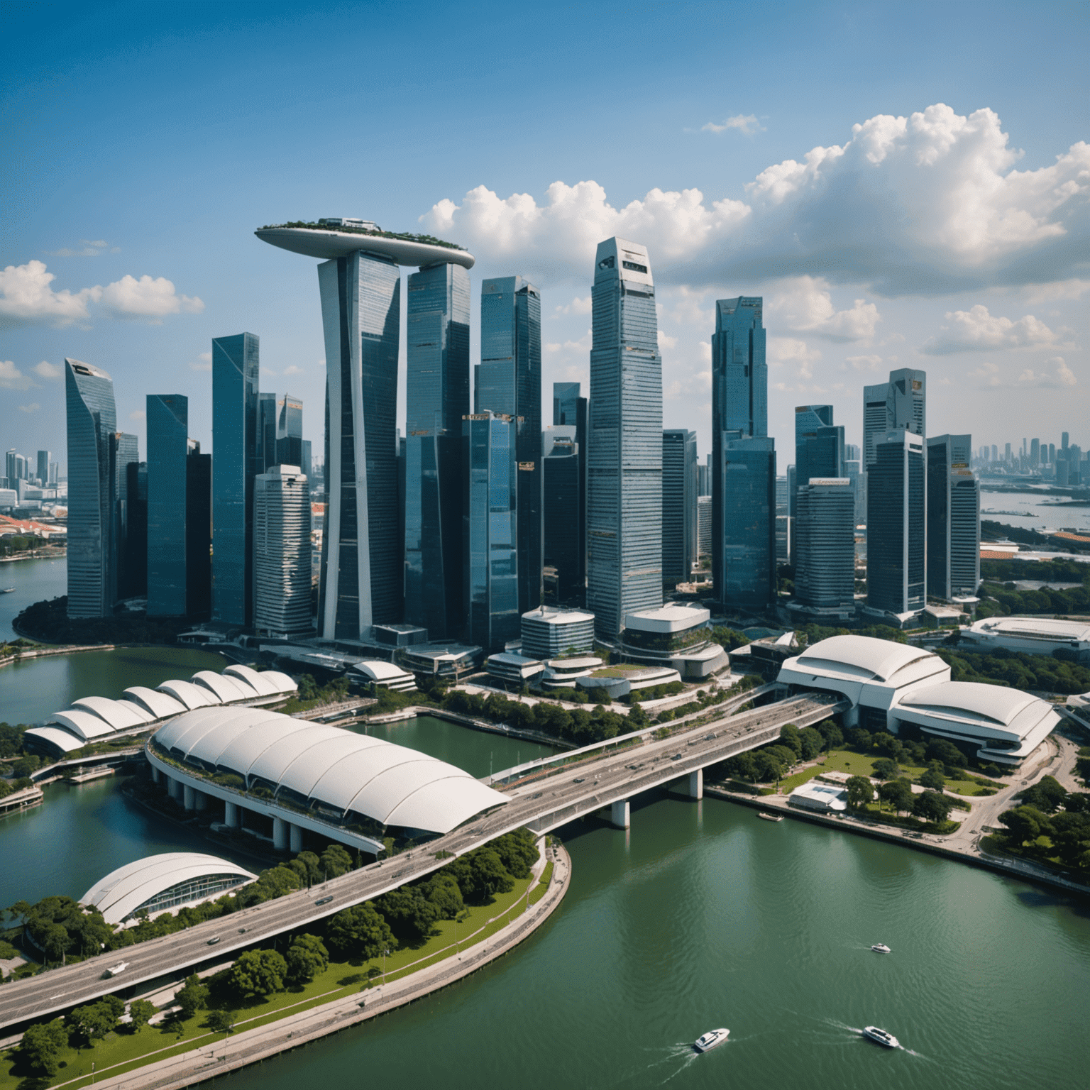 Singapore's modern skyline with focus on the financial district, showcasing futuristic skyscrapers and the iconic Marina Bay Sands