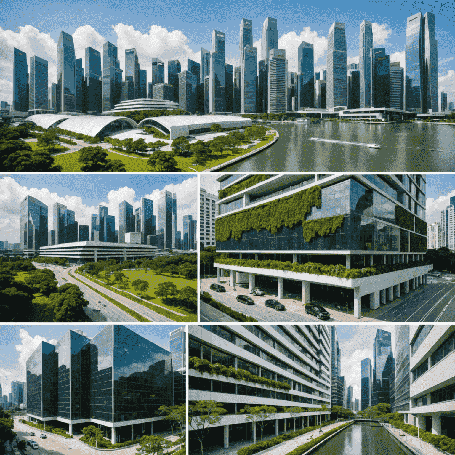 Collage of Singapore's investment opportunities: modern office buildings, tech startup workspace, financial district, green energy installation, and e-commerce fulfillment center