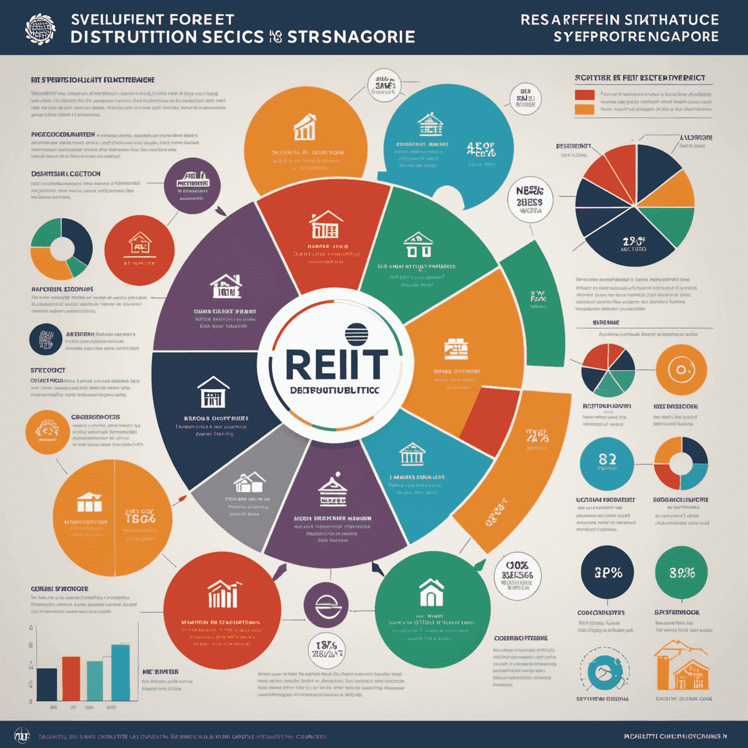 Infographic showing the distribution of different REIT types in Singapore, with pie charts and icons representing each sector