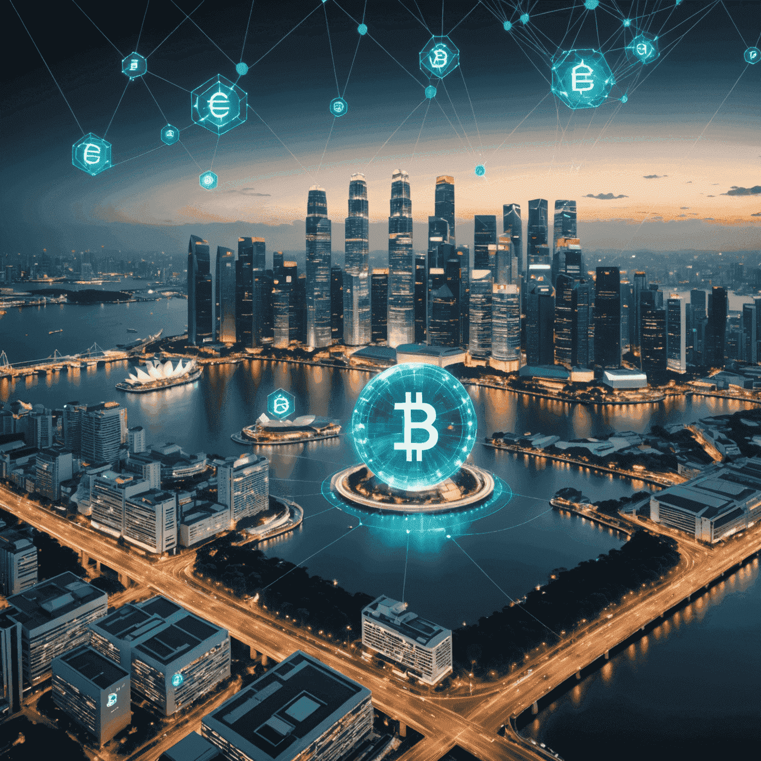 Futuristic visualization of fintech concepts, showing digital currency symbols, blockchain networks, and mobile banking interfaces against Singapore's skyline