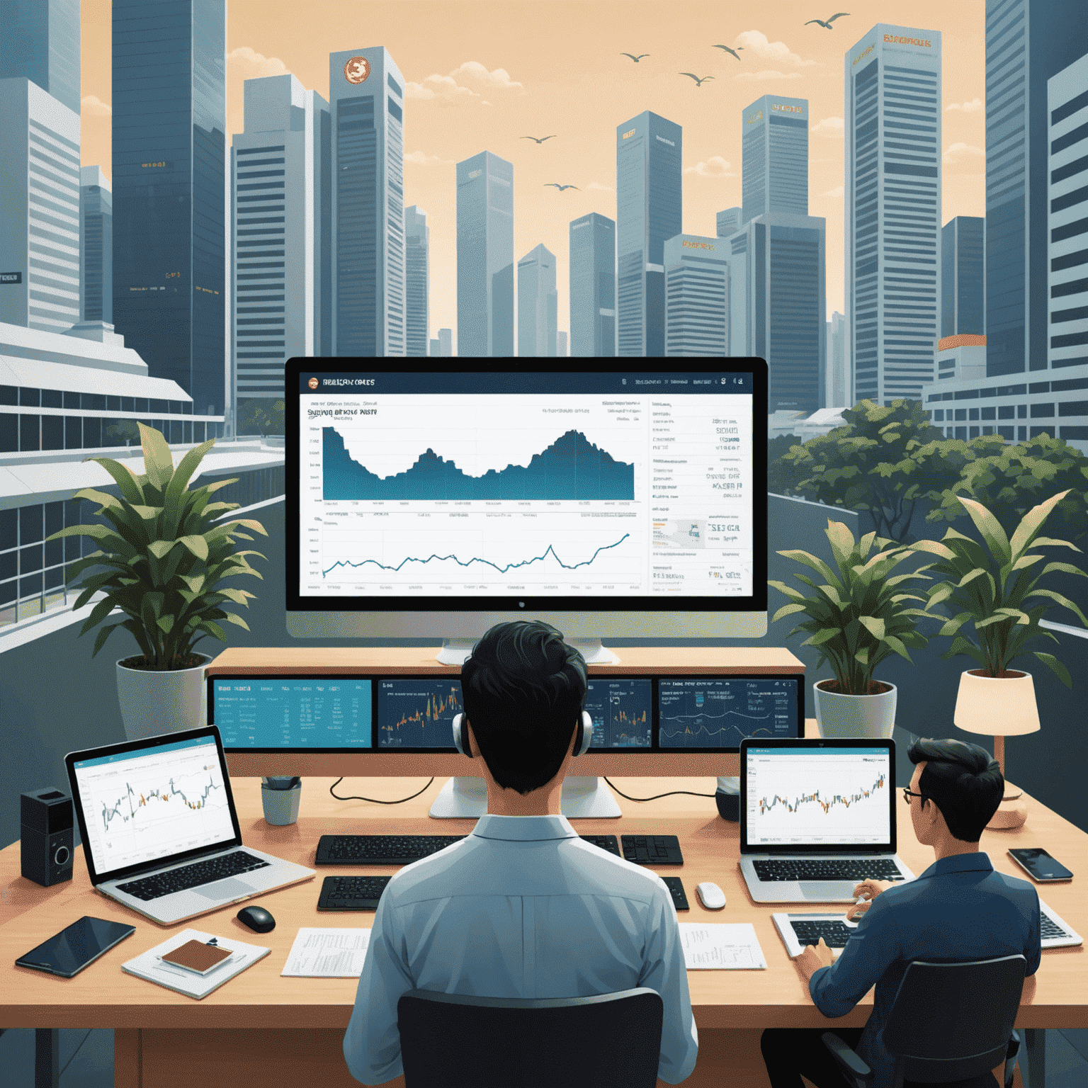 A beginner-friendly illustration of Singapore's stock market, featuring simplified charts, trading screens, and iconic Singapore company logos